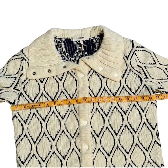 Rodier France Wool Cardigan Ivory Navy Diamond Pattern Sweater Collar Vintage L - Picture 4 of 12